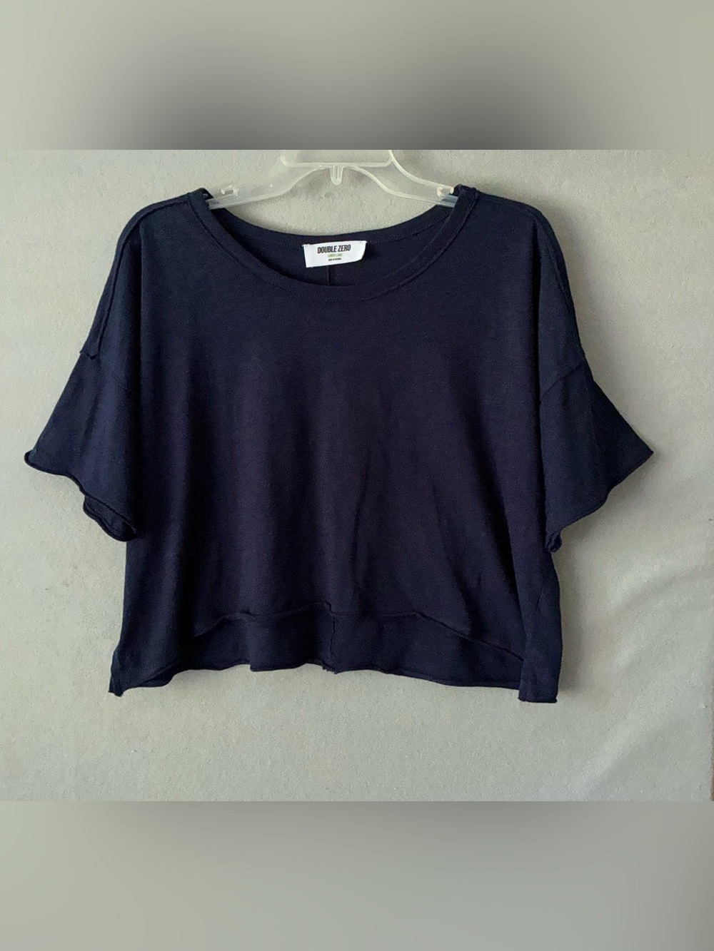 Double Zero Minimalist Navy Blue Boxy Cropped Pocket Tee Shirt Slouchy L Relaxed